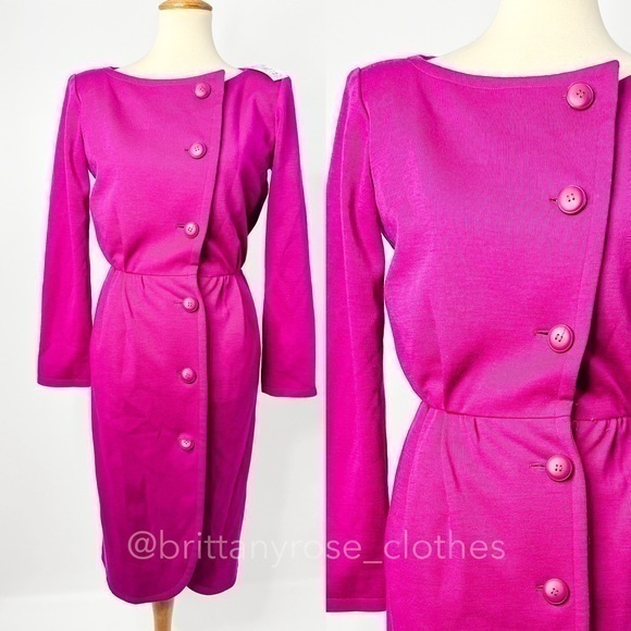 SAINT LAURENT Vintage 1980s Asymmetrical Button Stretch Wool Dress in Framboise - Picture 1 of 6